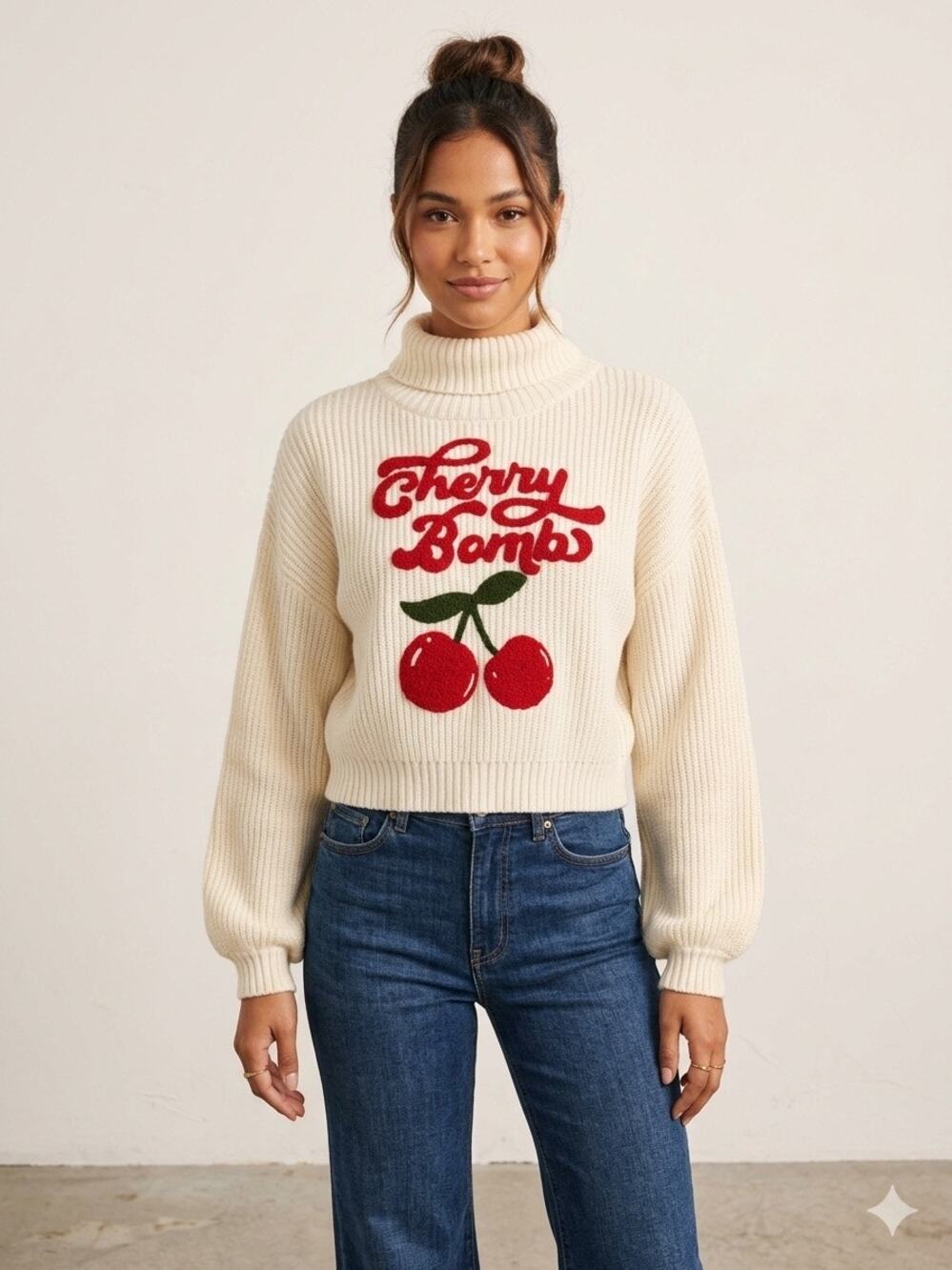 Fairycore Women's Cherry Bomb High Neck Knit Pullover Sweater Cream Large
